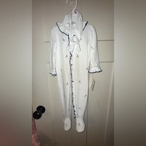 Little me White Polka Dot Kids footies with black Trim and roses with bow